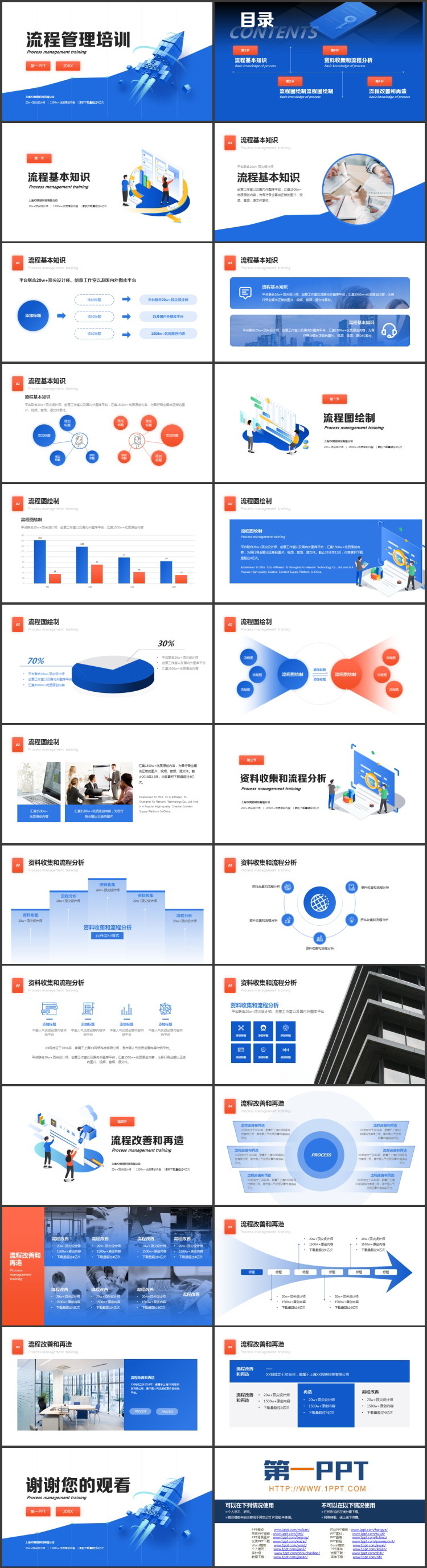 蓝色矢量火箭背景流程管理培训PPT模板下载