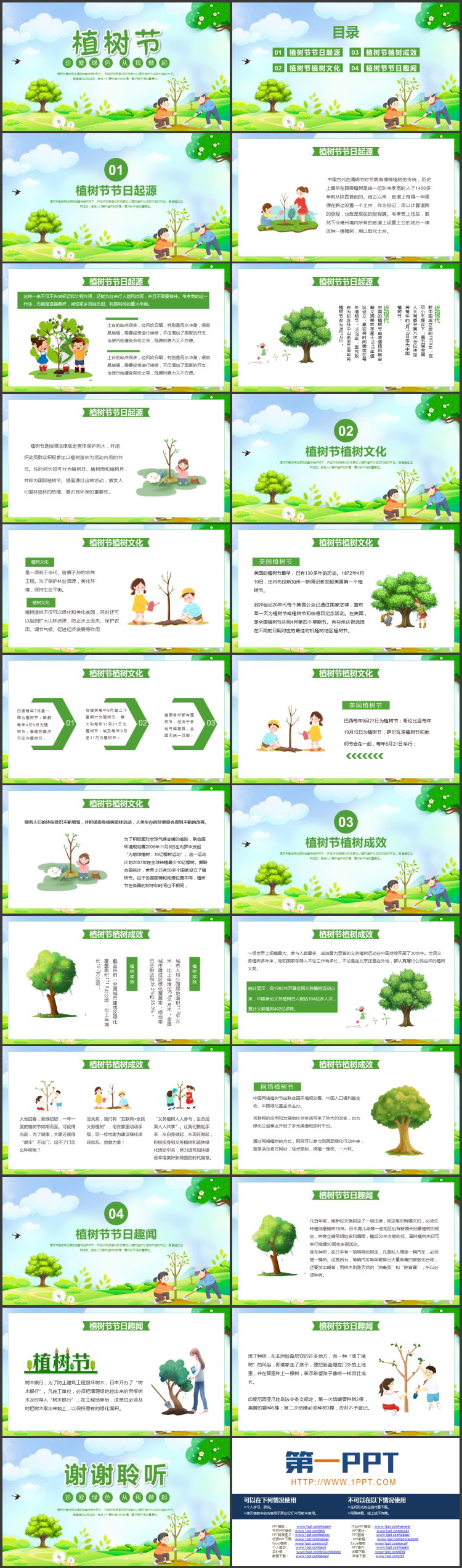 绿色卡通植树的小学生背景植树节节日介绍PPT模板