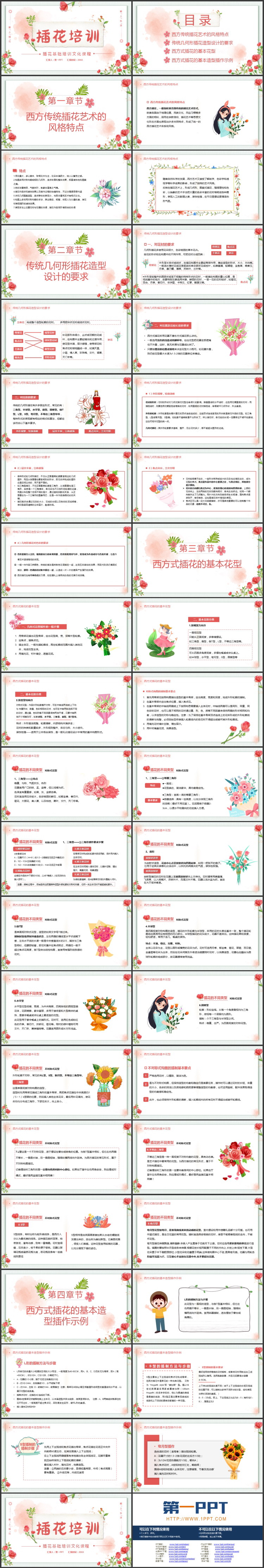 红色花朵背景插花基础培训文化课程PPT模板下载