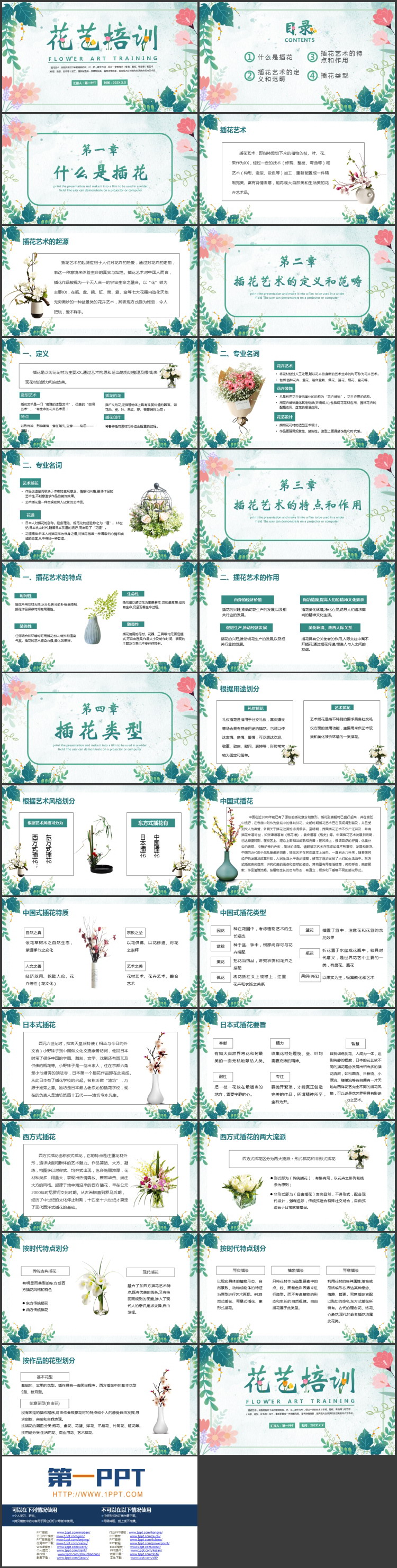 绿色花卉背景插花艺术花艺培训PPT模板下载