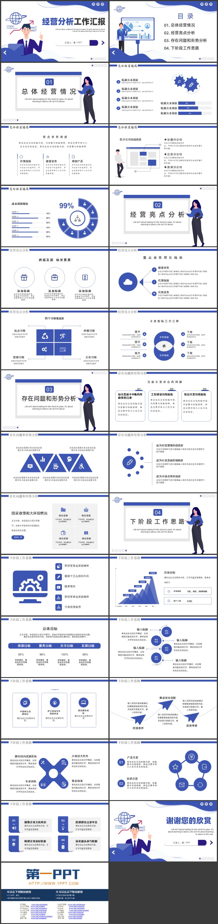 蓝色矢量商务人士背景扁平化经营分析工作报告PPT模板下载