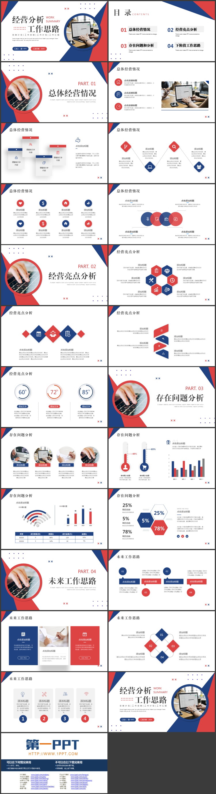 红蓝配色职场办公背景经营分析工作报告PPT模板下载