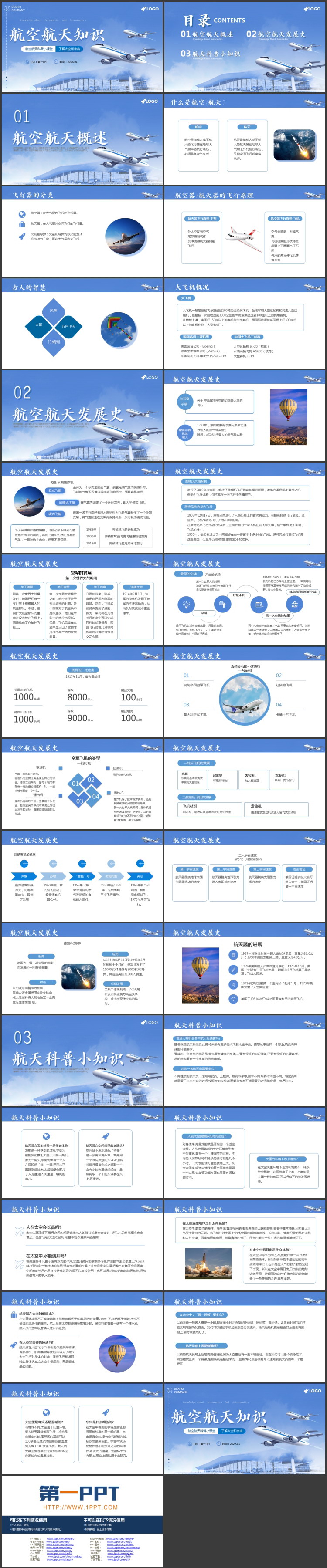 蓝色飞机机场背景航空航天知识介绍PPT模板