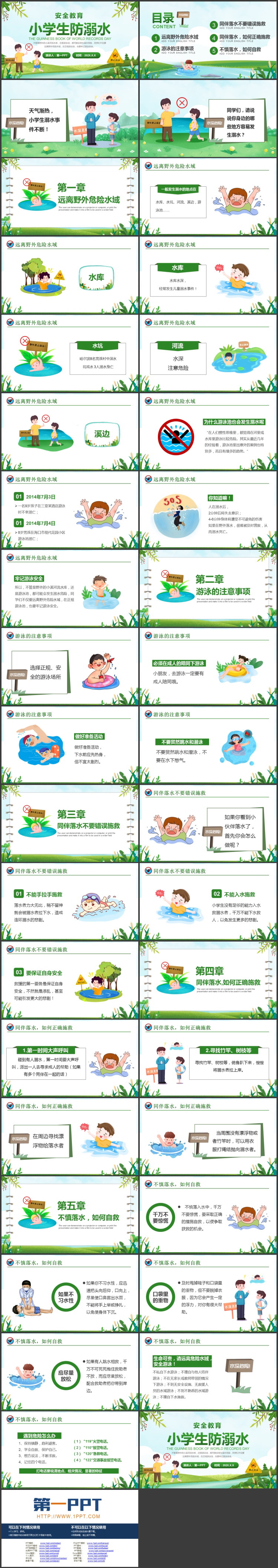 绿色卡通背景小学生防溺水安全教育PPT模板下载