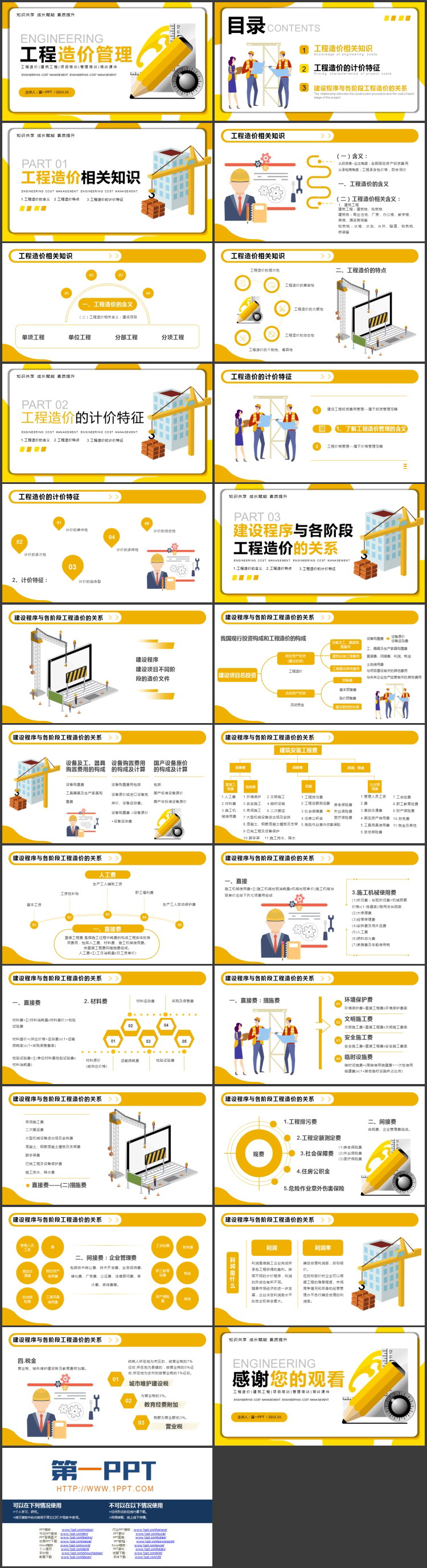 黄色矢量文具背景工程造价管理培训PPT模板下载