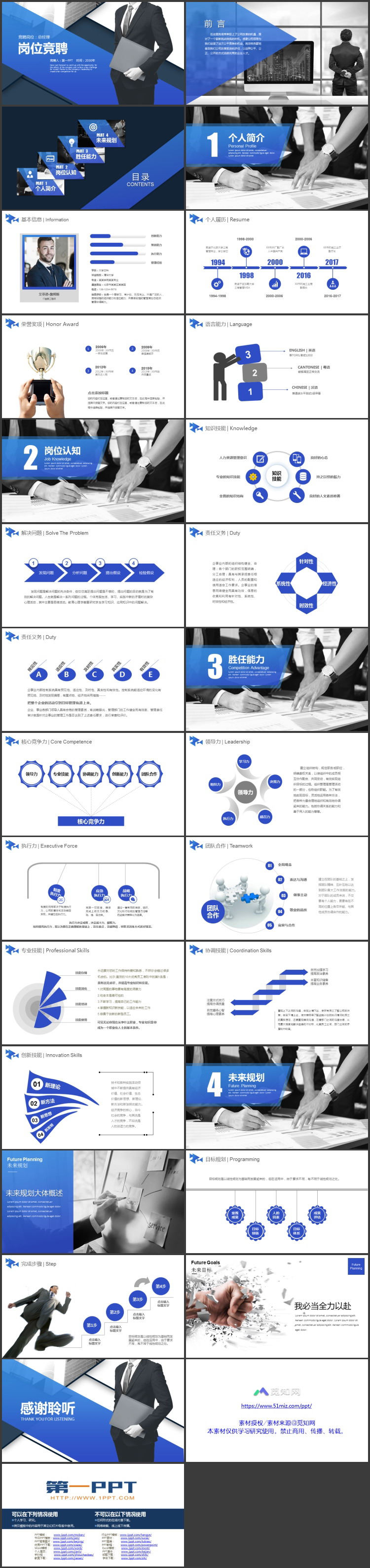 蓝色商务人士背景岗位竞聘PPT模板下载