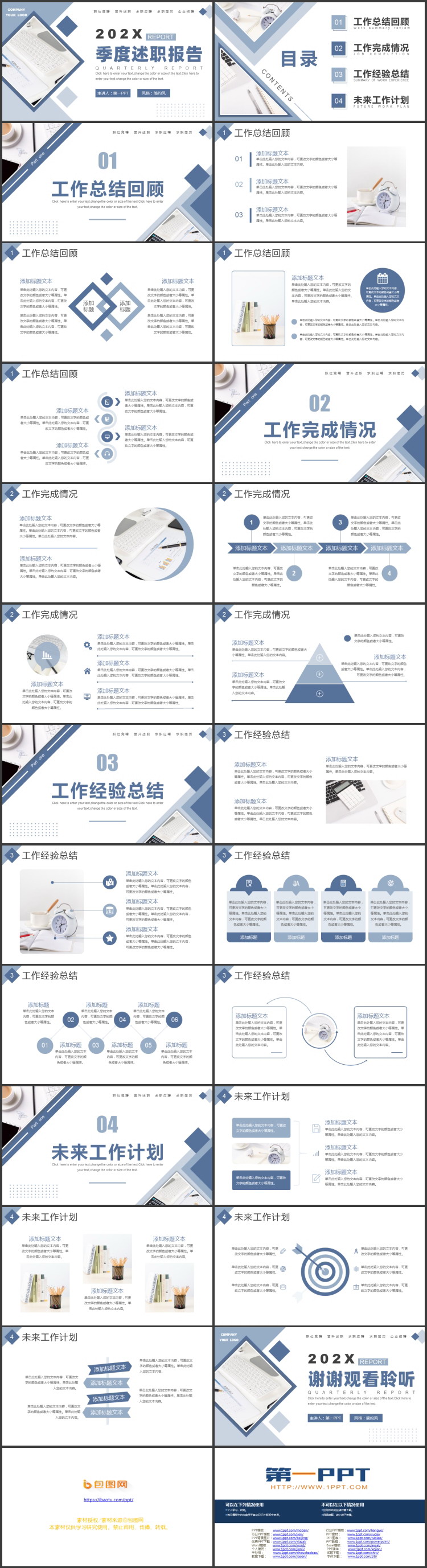 蓝色办公电脑背景的商务风季度述职报告PPT模板下载