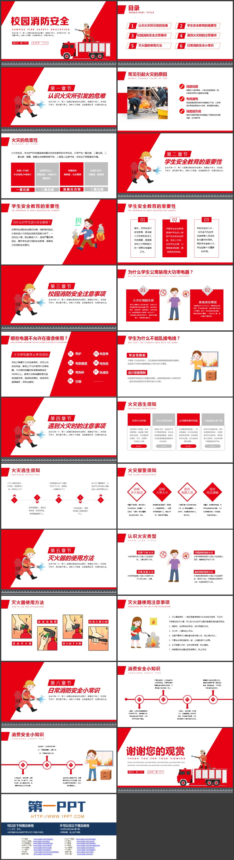 红色卡通消防员和消防车背景的校园消防安全PPT模板下载