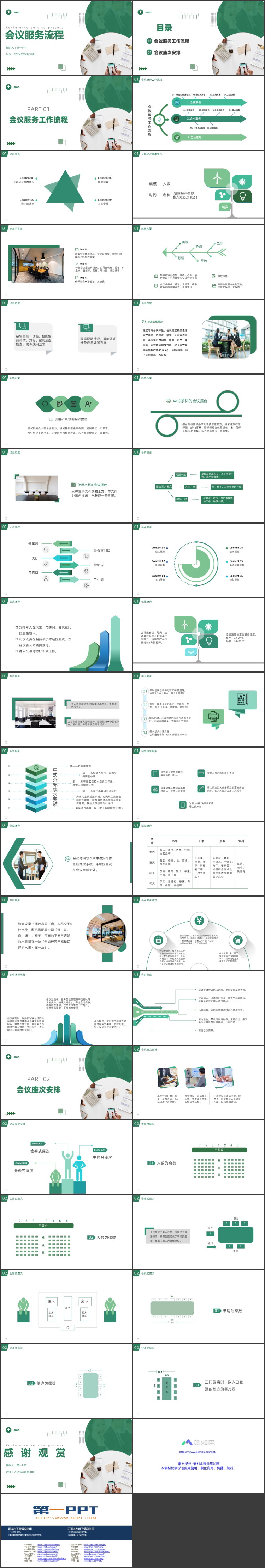 绿色办公桌面背景的会议服务流程PPT模板下载