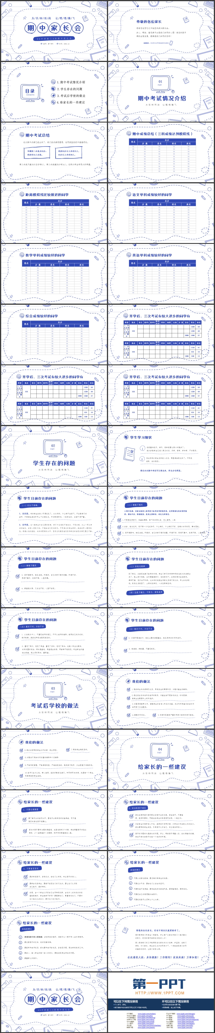 蓝色手绘风高三期中家长会PPT模板下载