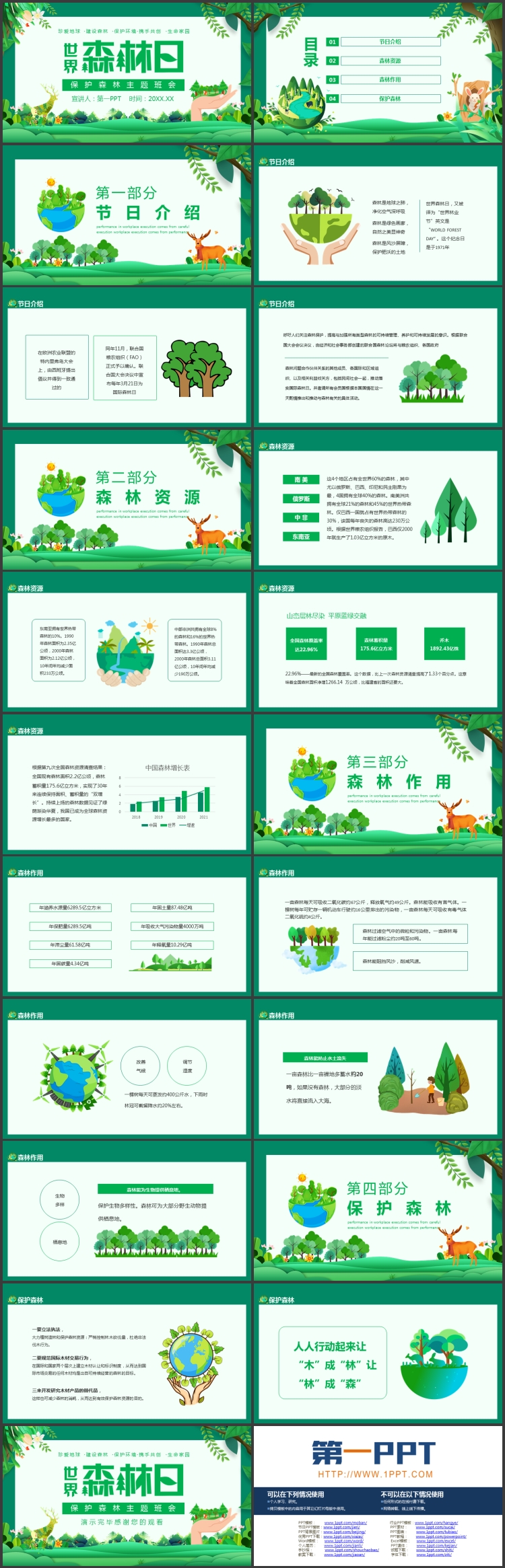 绿色清新卡通森林背景的世界森林日主题班会PPT模板下载