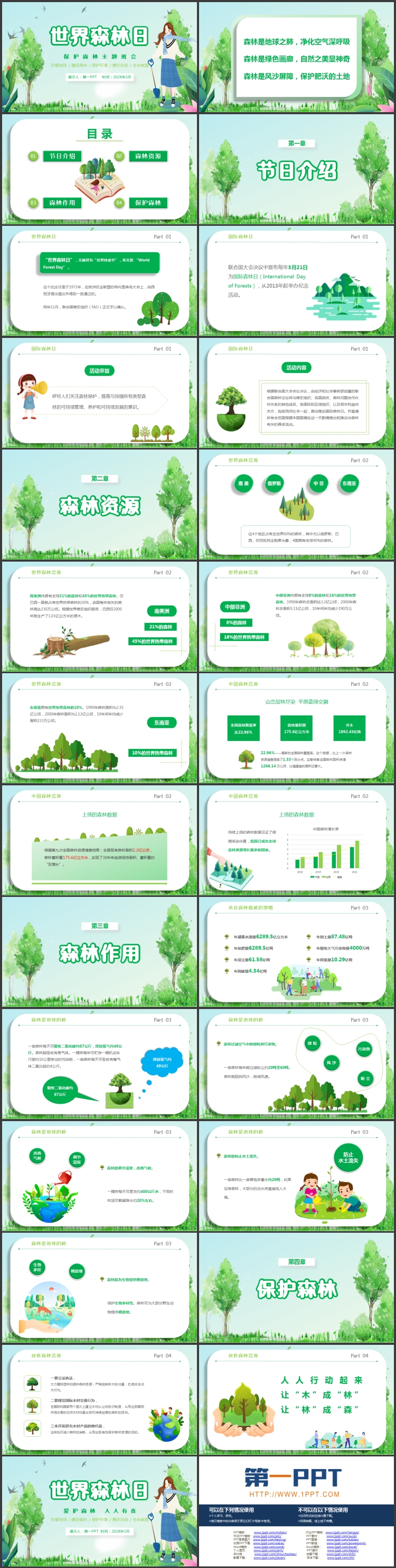 绿色清新卡通风格的世界森林日主题班会PPT模板下载