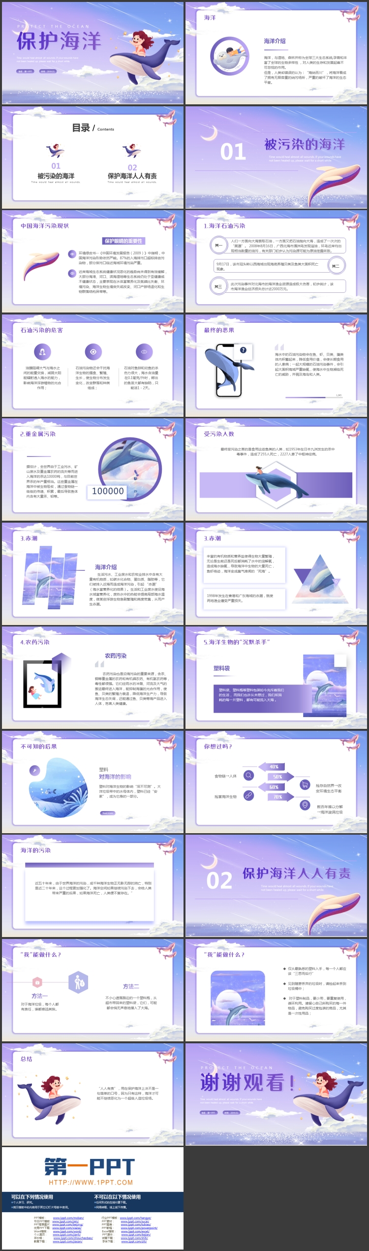 蓝紫配色卡通鲸鱼背景的保护海洋环保主题教育PPT模板下载