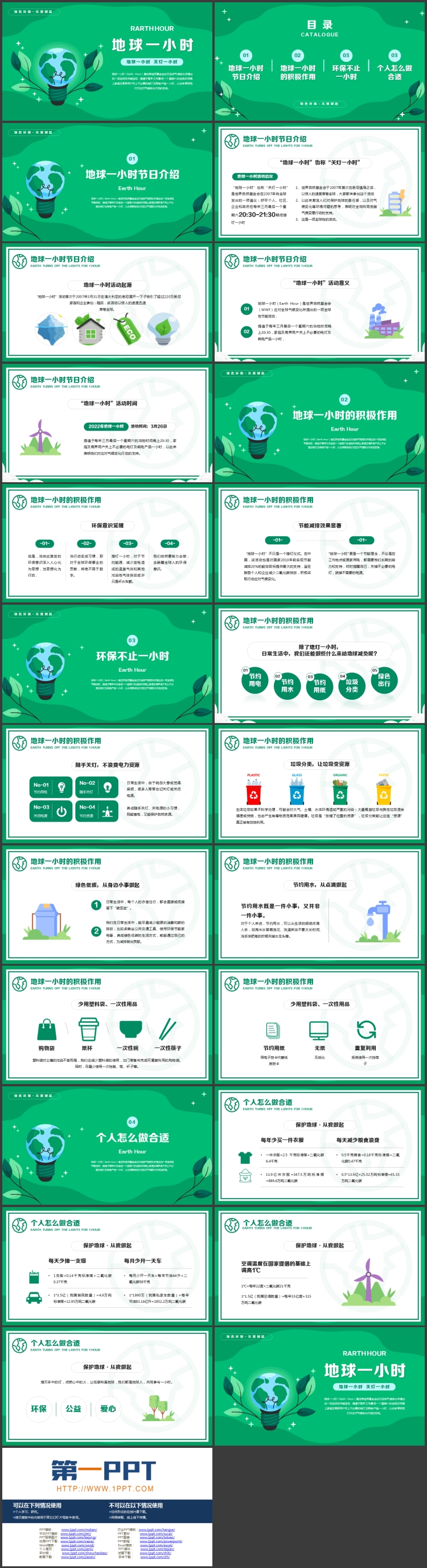 绿色卡通地球背景的“地球一小时”环保宣传PPT模板下载