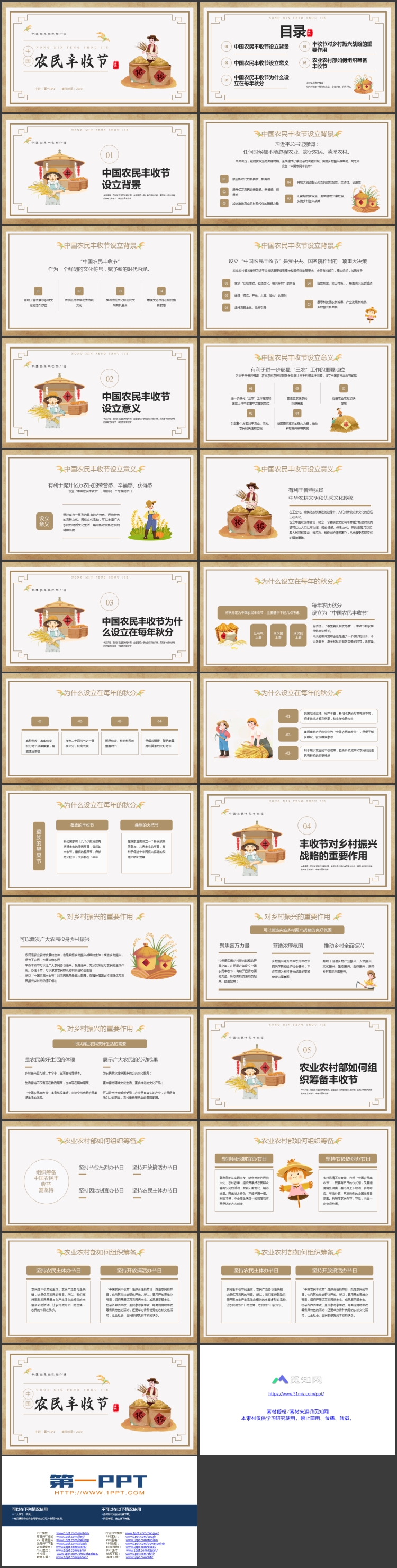 棕色卡通农民背景的中国农民丰收节节日介绍PPT模板