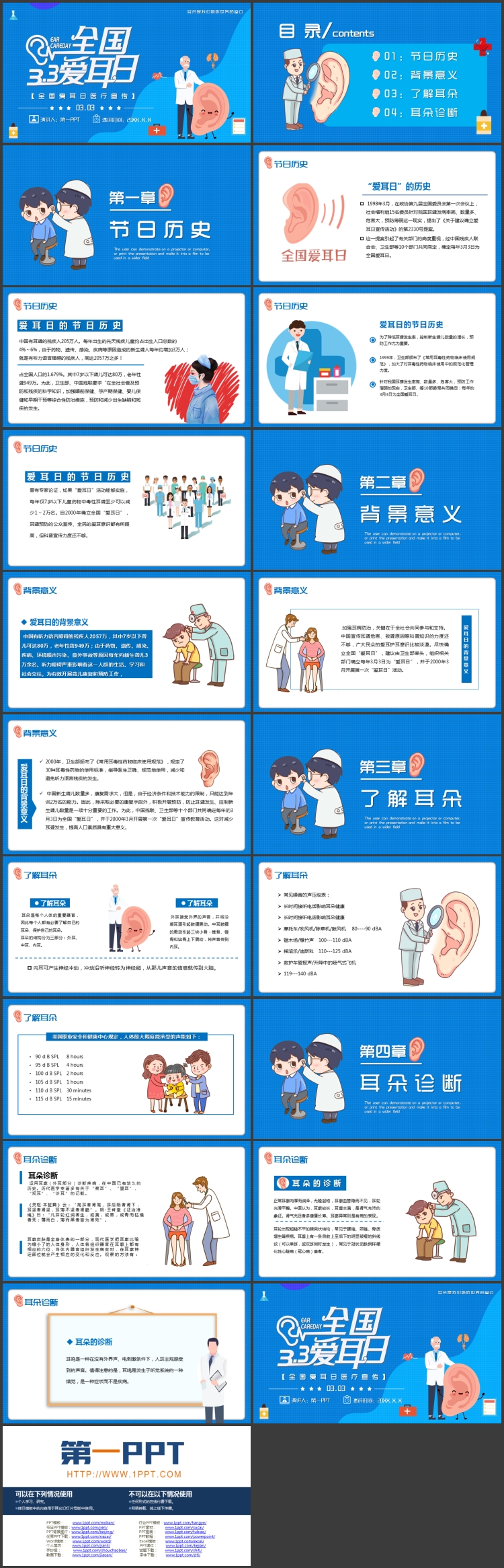 蓝色卡通背景的全国爱耳日医疗宣传PPT模板