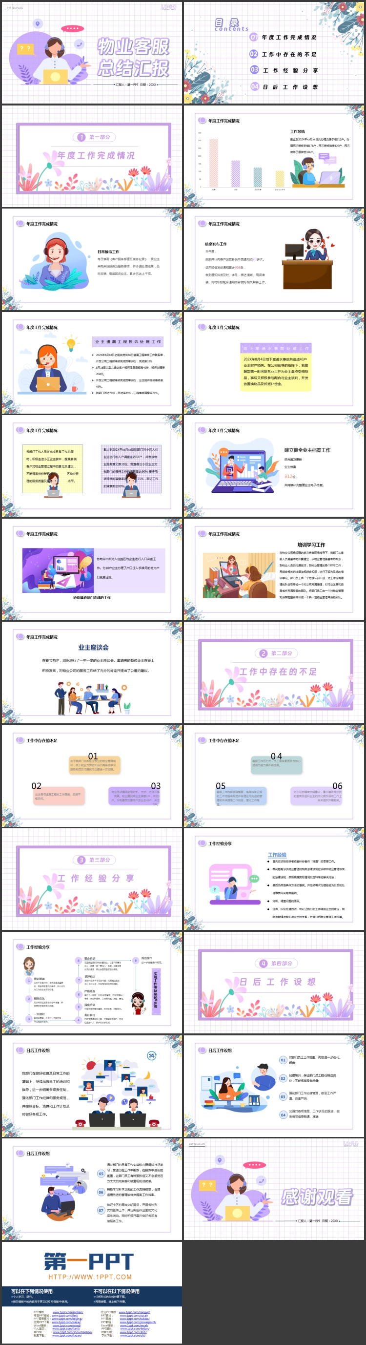 紫色矢量剪切画背景的物业客服总结汇报PPT模板下载