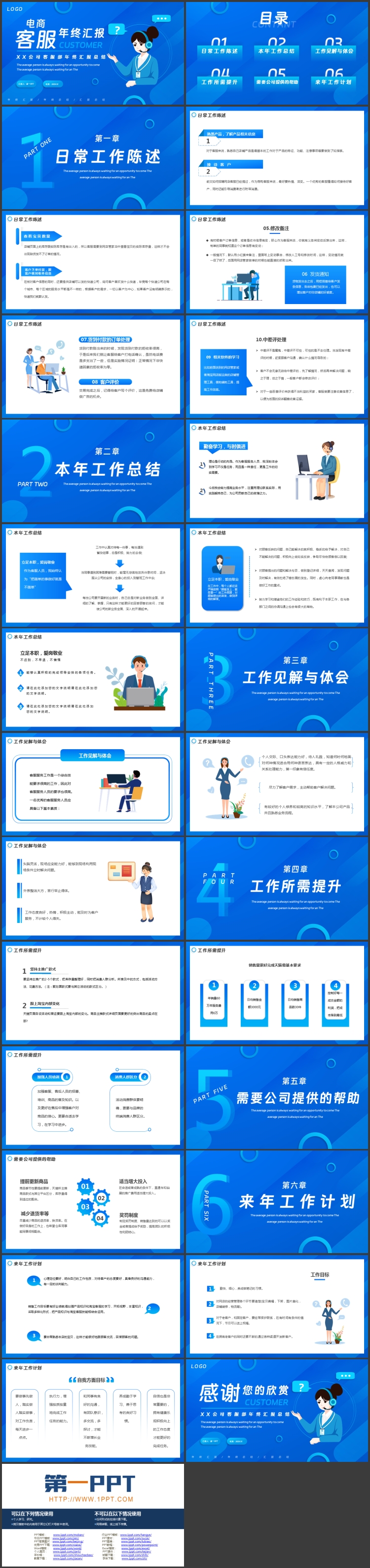 蓝色矢量职场人士背景的电商客服年终汇报总结PPT模板下载