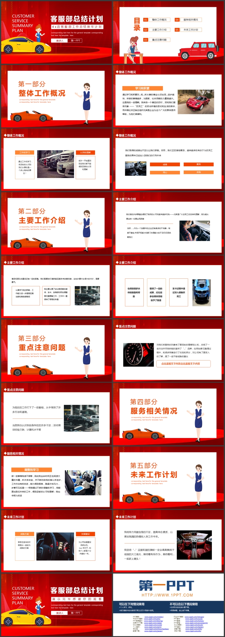 红色汽车4S店客服部工作总结新年计划PPT模板下载